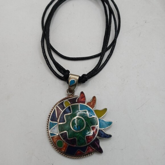 Peruvian Handmade Alpaca Natural Stone Sun Moon Wedding Pendant - Picture 4 of 7